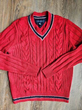 Tommy Hilifiger women's red blue v neck varsity style sweater size medium